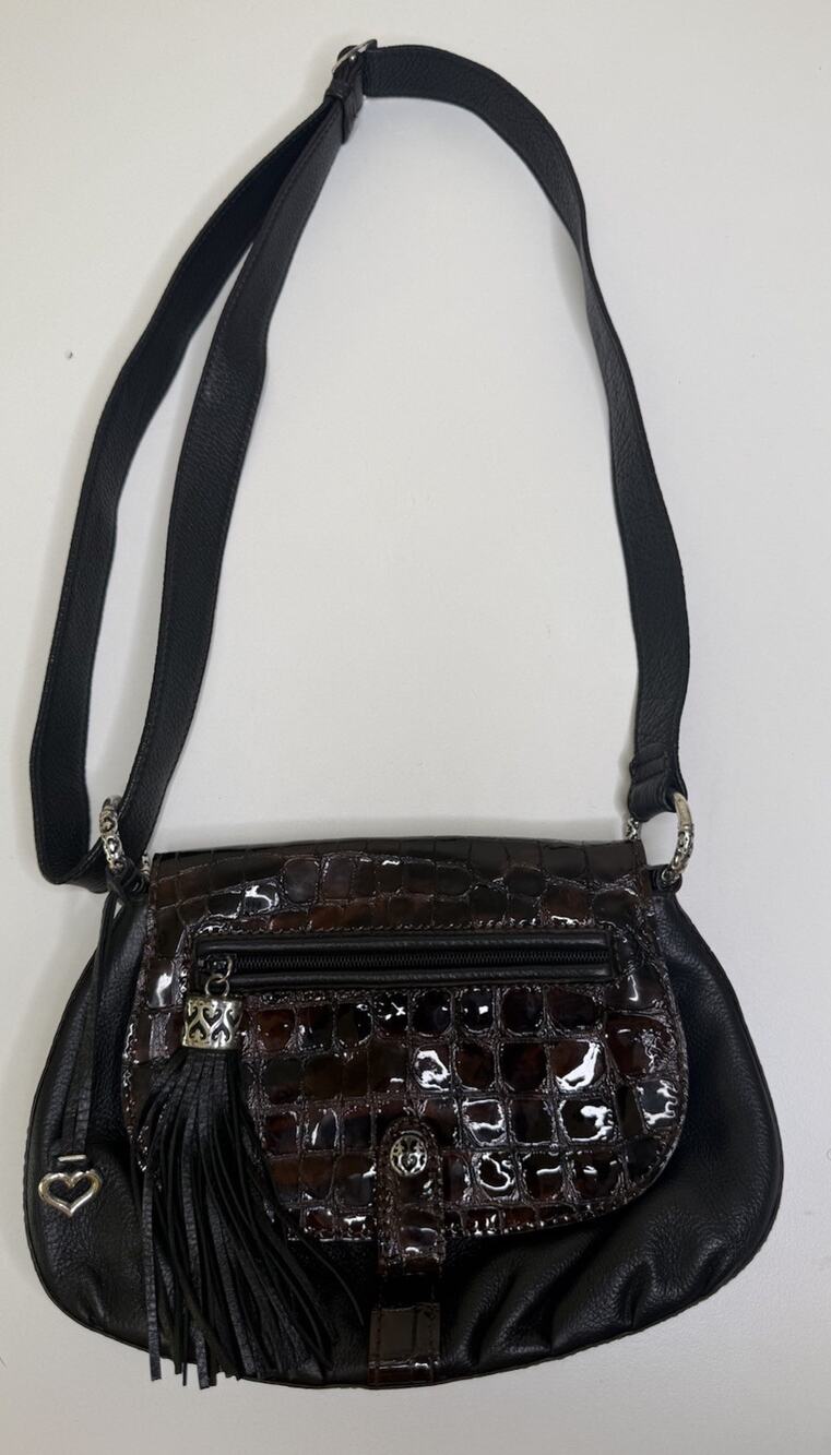 Brighton Crossbody Black Leather Brown Croc Patent Leather Slide Strap Bag Rare